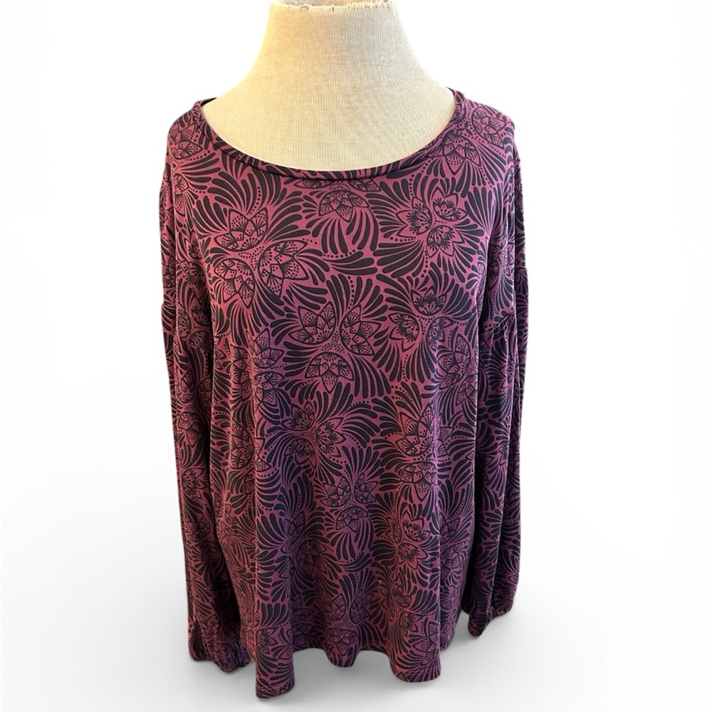 Gudrun Sjoden Long Sleeve Floral Scoop Neck Top - Magenta with Black Print